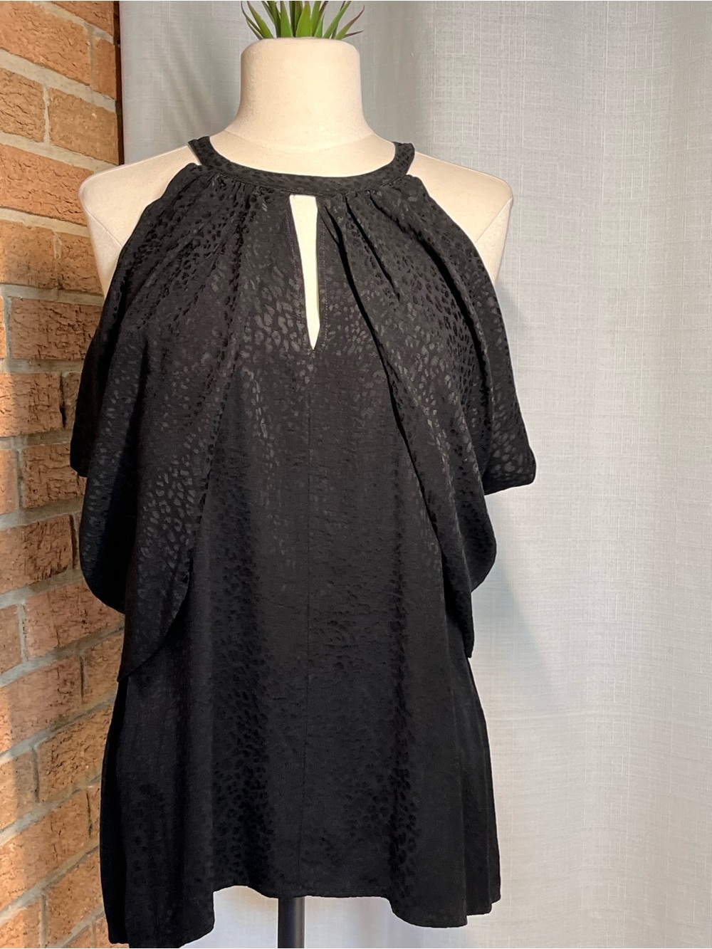 Drew Black Leopard Jacquard Draped Evening Top made in USA Size Large